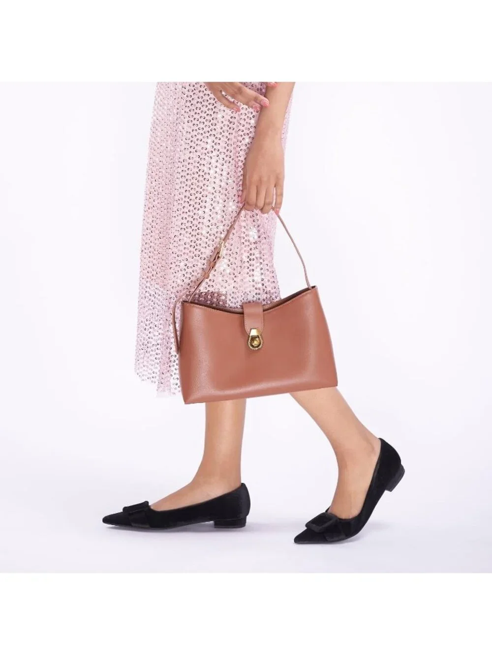 Women's Velvet Black Pointed Toe Square Buckle Flats Slip-On Comfortable Shoes